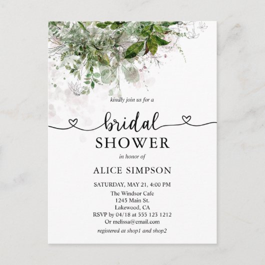 Budget Boho Greenery Heart Script Vrijgezellenfees Uitnodiging Briefkaart (Voorkant)