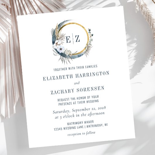 Budget Boho Maan Blauw Monogram Trouw Uitnodiging