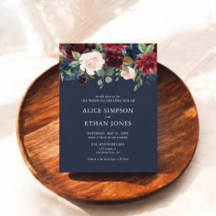 Budget Boho Navy Blue Burgundy Floral Wedding Uitnodiging Briefkaart