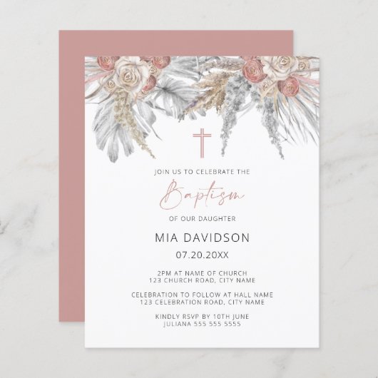 Budget Boho Palm Pink Pampas Baptism Invite (Voorkant / Achterkant)