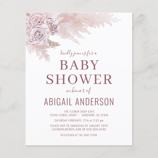 Budget Boho Pampas Gras Baby Shower Uitnodiging Flyer (Voorkant)