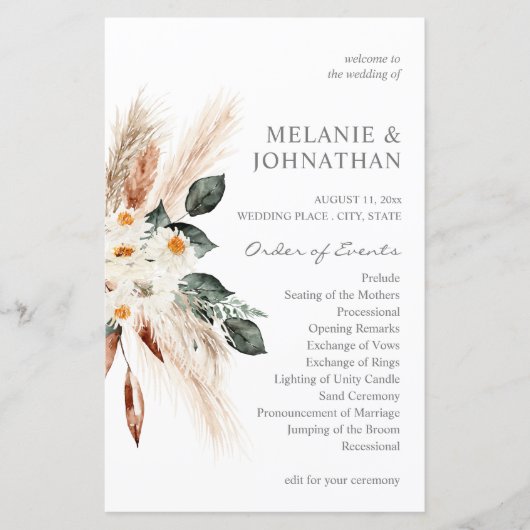 Budget Boho Pampas Grass Beige Wedding Programme M (Voorkant)