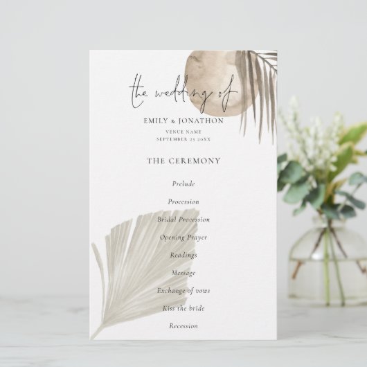 Budget Boho Pampas Grasses Wedding Programme (Staand voorkant)