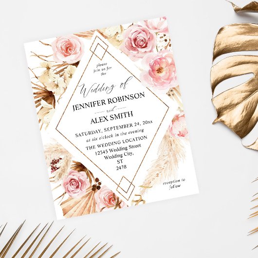 Budget Boho Pink & Beige Floral Gold Wedding Flyer