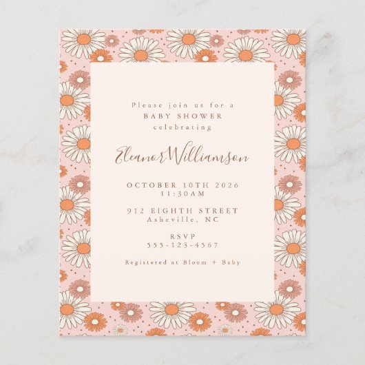 Budget Boho Retro Pink Floral Baby shower (Voorkant)