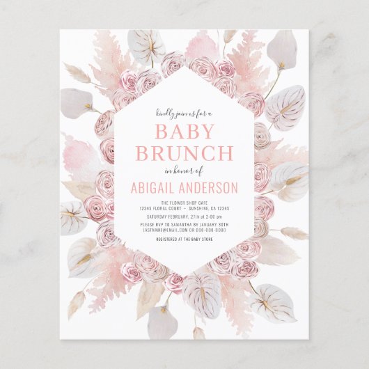 Budget Boho Roze Baby Brunch Uitnodiging Flyer (Voorkant)