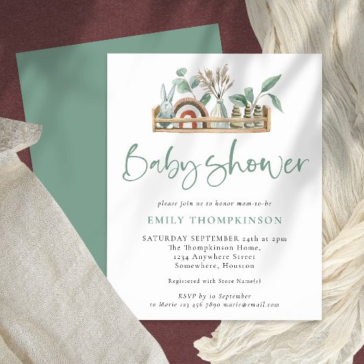 Budget Boho Shelf Toys Sage Baby shower Uitnodigen