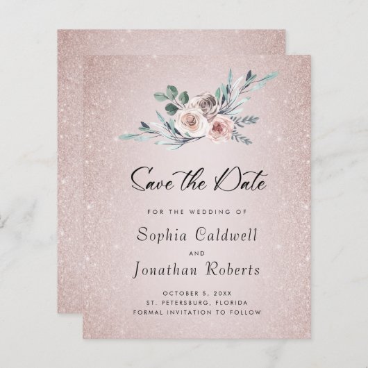 Budget Boho Stof Roze Rozen Trouw Save the Date (Voorkant / Achterkant)