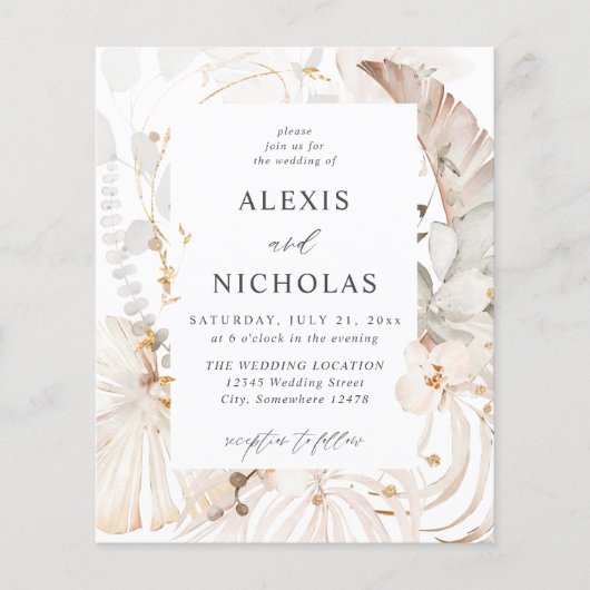 Budget Boho Strand Tropisch Beige Bloemig Huwelijk Flyer (Voorkant)