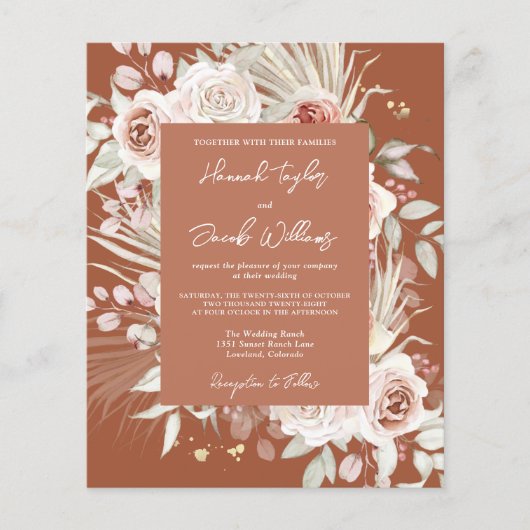 Budget Boho Terracotta Floral Wedding Uitnodiging (Voorkant)