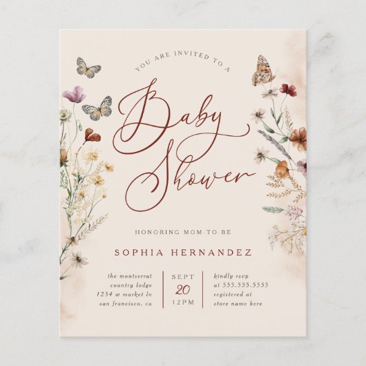Budget Boho Waterverf Wildflower Baby shower (Voorkant)