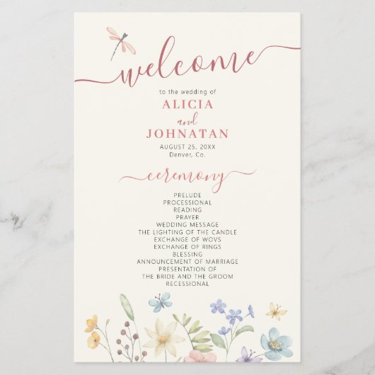 Budget boho wilde bloemen bruiloft programma flyer (Voorkant)