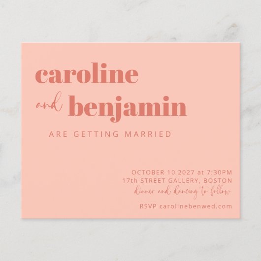 Budget Bold Peach Rust Chic Modern Wedding Invite (Voorkant)