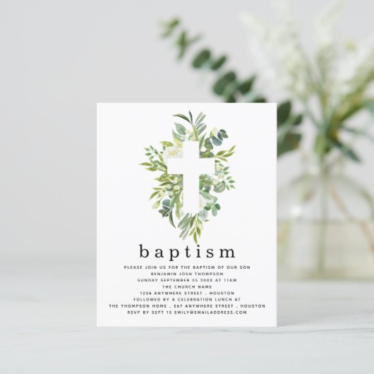 Budget Botanique Feuilles Cross Baptism Invitation (Debout devant)