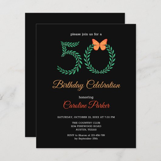 Budget Botanische groen 50e verjaardag uitnodiging (Voorkant / Achterkant)