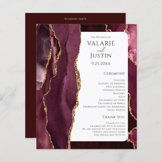 Budget Bourgogne Agate Gold Glitter Weddenprogramm (Voorkant / Achterkant)