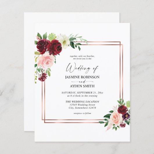 Budget Bourgogne & Blush Pink 4 Floral Gold Weddin (Voorkant / Achterkant)