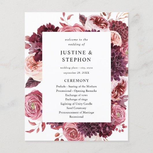Budget Bourgogne & Blush Pink 8B Wedding Ceremony Flyer (Voorkant)