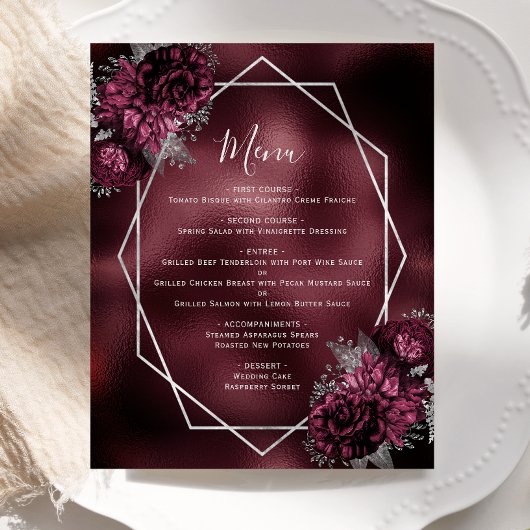 Budget Bourgogne Floral Argent Menu Mariage