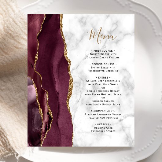 Budget Bourgogne Gold Agate Marble Wedding Menu