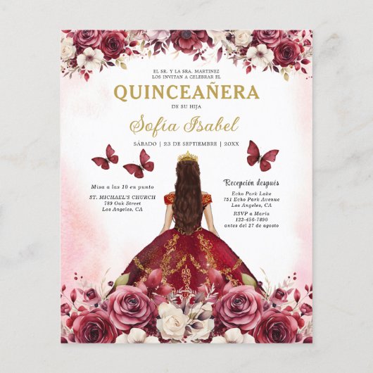 Budget Bourgogne Goud Tweetalig Spaans Quinceanera Flyer (Achterkant)