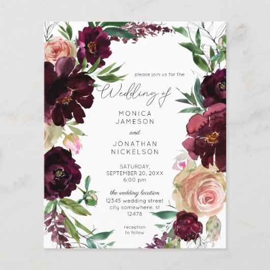 Budget Bourgogne & Light Blush Pink Floral Wedding Flyer (Voorkant)