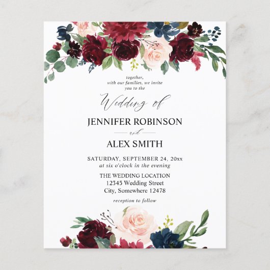 Budget Bourgogne, Roze en Floral Wedding 2 Fly Flyer (Voorkant)