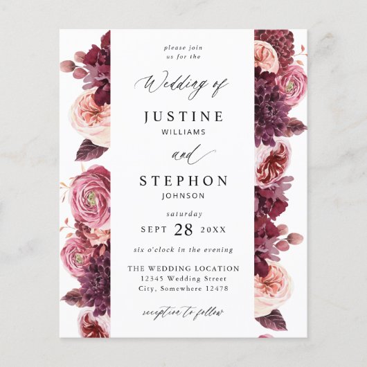 Budget Bourgogne & Roze Floral 8B bruiloft Flyer (Voorkant)