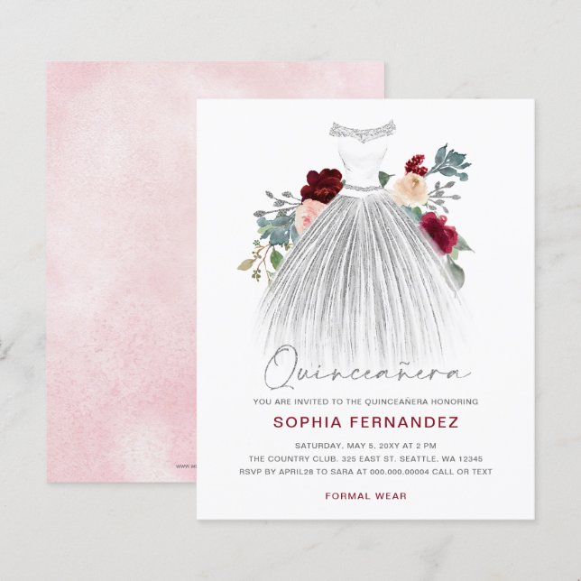 Budget Bourgogne Zilveren Glitter Jurk Quinceañera (Voorkant / Achterkant)