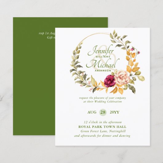 BUDGET Bourgondië Perzik Bloemige Trouw Uitnodigin (Voorkant / Achterkant)