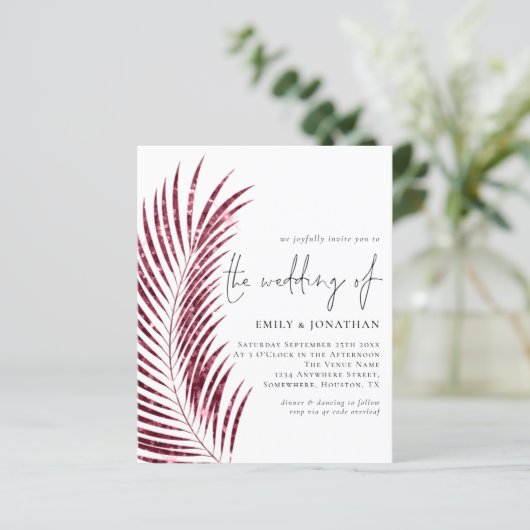 Budget Bourgundy Glitter Leaf QR Wedding Invite (Staand voorkant)