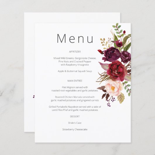 Budget Bourgundy Marsala & Pink Floral Menu - Wit (Voorkant / Achterkant)