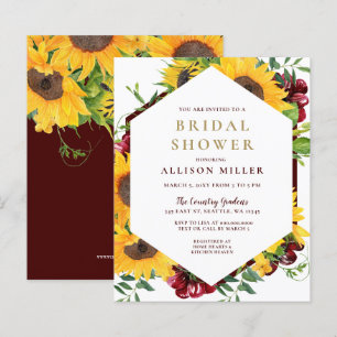 Budget Bourgundy Sunflower Bridal Shower Invitatio