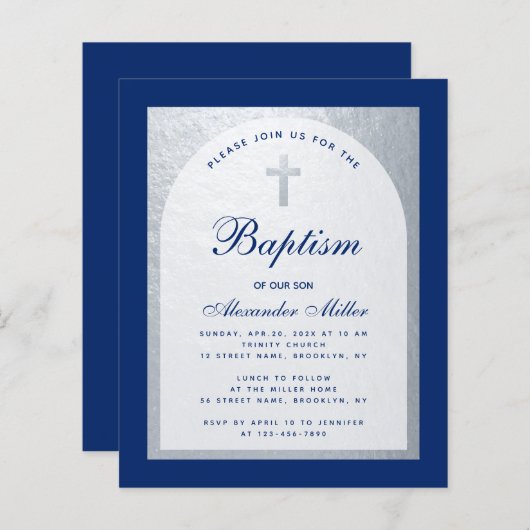Budget Boy Baptism Royal Blue Silver Uitnodiging (Voorkant / Achterkant)