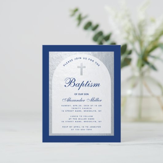 Budget Boy Baptism Royal Blue Silver Uitnodiging (Staand voorkant)