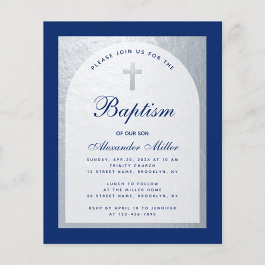 Budget Boy Baptism Royal Blue Silver Uitnodiging (Voorkant)
