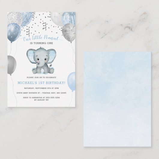 Budget Boy Elephant Ballons 1er Invitation d'anniv (Devant / Derrière)