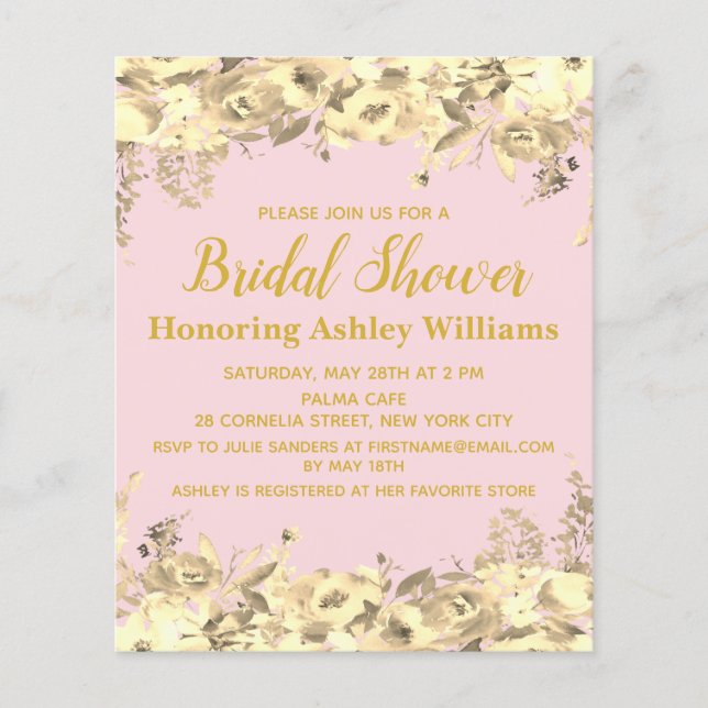 Budget Bridal Shower Uitnodiging Blush Pink Gold (Voorkant)