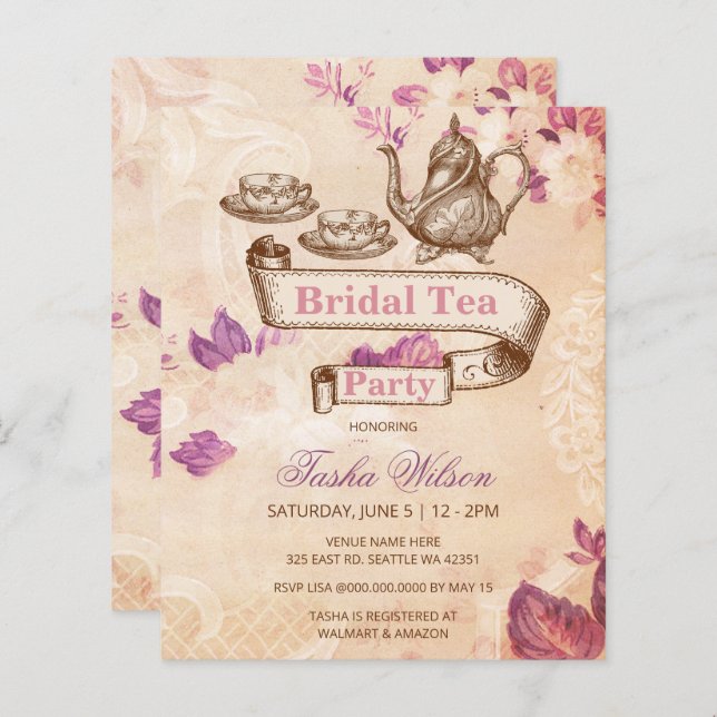 Budget  Bridal Tea Bridal Shower Invitation (Voorkant / Achterkant)