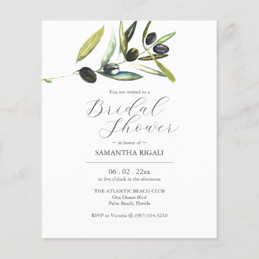 Budget Bruids Douche Uitnodigingen Waterverf Olijf Flyer (Voorkant)