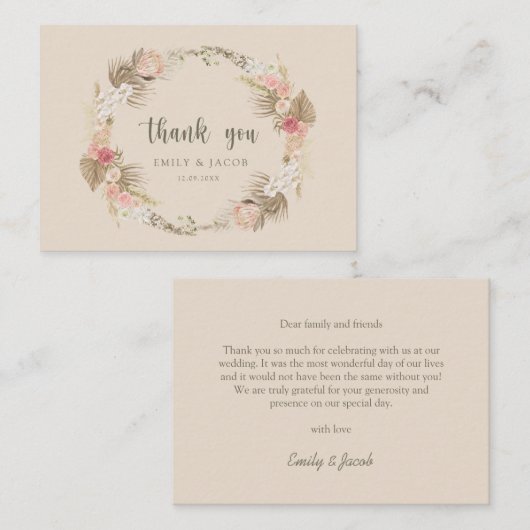 Budget bruiloft Boho bloemenkrans dank u Notitiekaartje (Voorkant / Achterkant)
