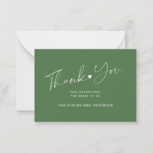 Budget bruiloft bruidsshower chic script groen bed notitiekaartje
