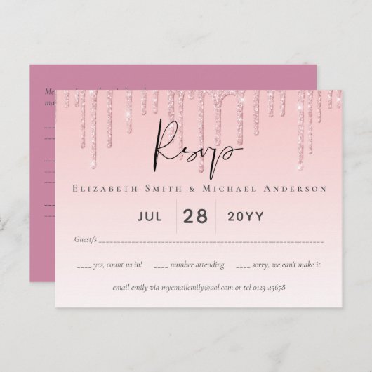 Budget Bruiloft RSVP Glitter Roze Briefkaart (Voorkant / Achterkant)