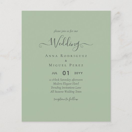 BUDGET Bruiloft Salie Appelgroen Monochroom Tekst Flyer (Voorkant)