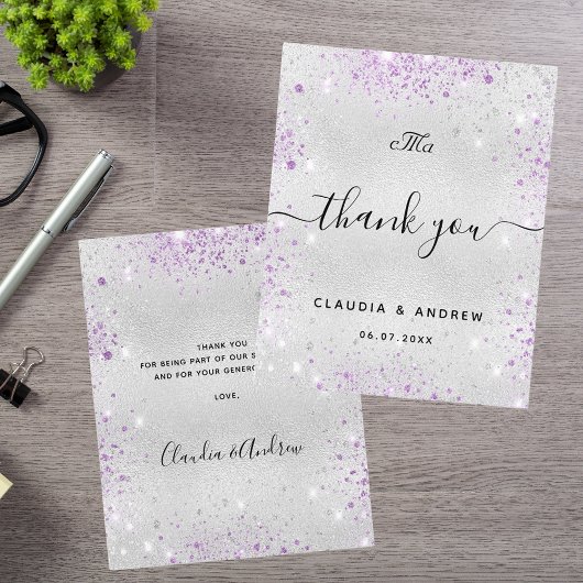 Budget bruiloft zilver paarse glitter bedankt