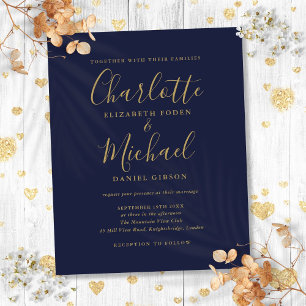 Budget bruiloftsinvitaties met blauwe en gouden sc