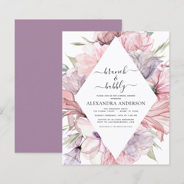 Budget Brunch & Bubble Boho Paars Vrijgezellenfees (Voorkant / Achterkant)