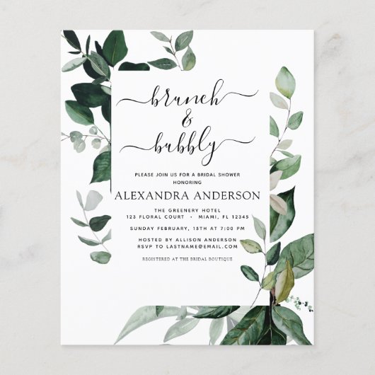 Budget Brunch & Bubble Vrijgezellenfeest Greenery Flyer (Voorkant)