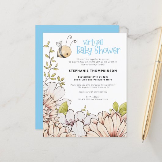 Budget Bumblebee Virtual Baby shower Invitation (Voorkant / Achterkant in situ)