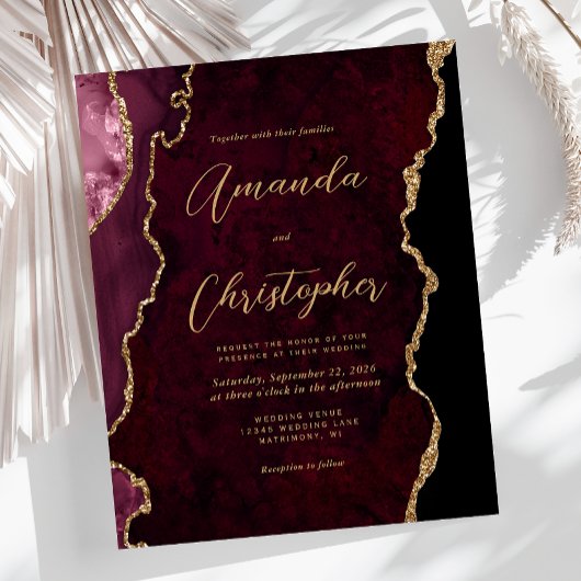 Budget Burgundy Agate Chic Script Wedding Invite